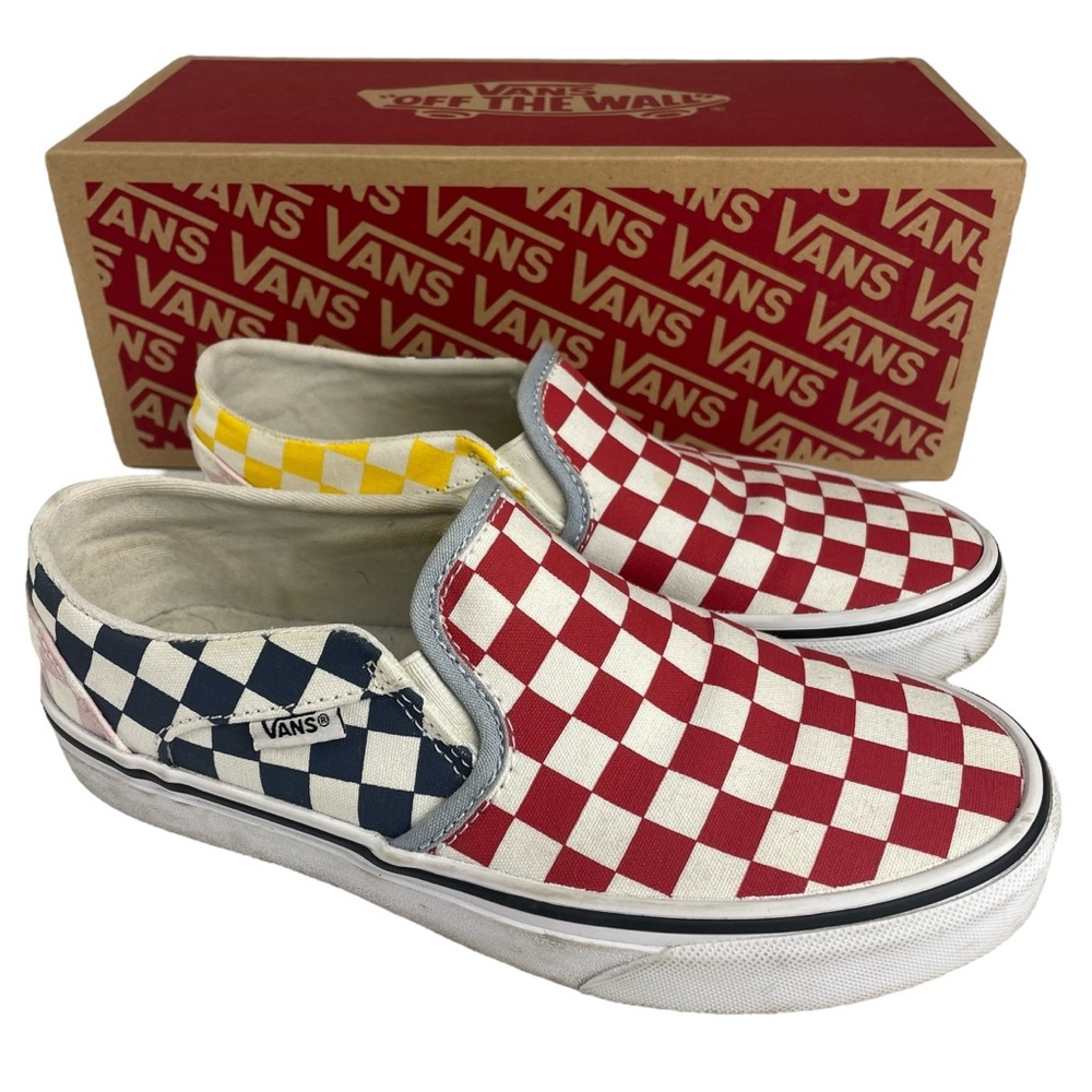 Vans Womens Asher Checkerboard Multi Colour Rainbow Slip On Sneakers Size 6.5